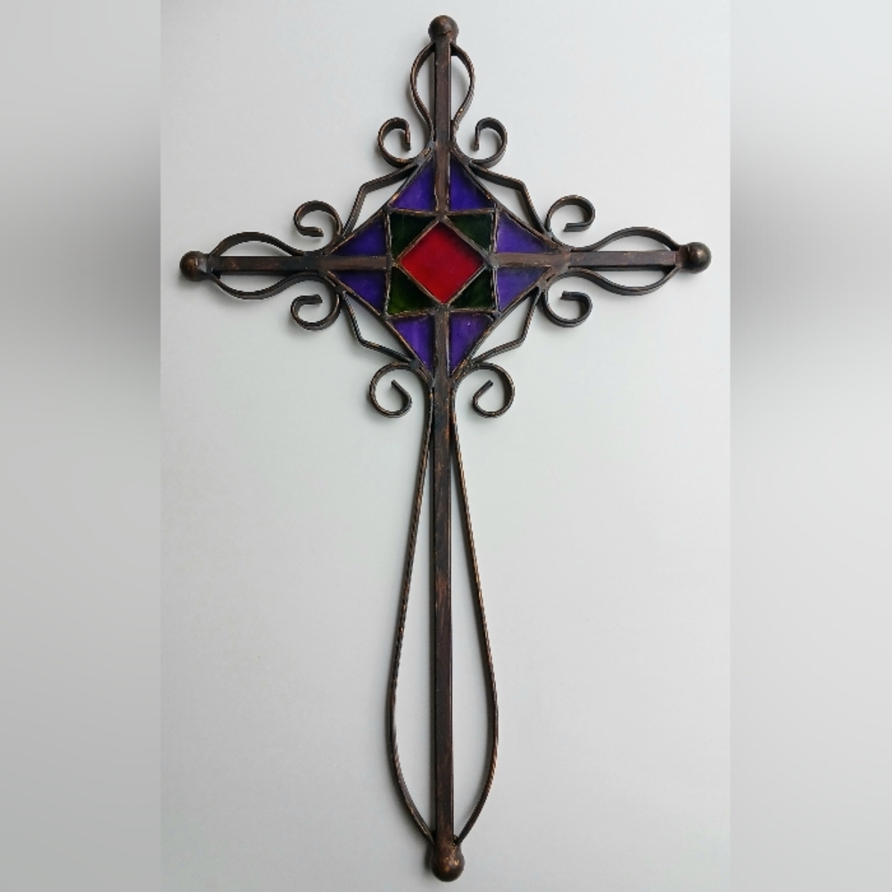 Large Sculpted Wrought Iron Cross w/ Stained Plexiglass Center 20" x 12" Vintage